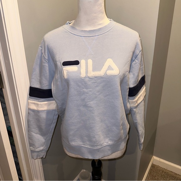 Fila Tops - Fila Light Blue Sweatshirt with White and Navy Detailing On Sleeve Size L